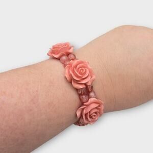 Coral Pink Rose Stretch Bracelet – Beaded Floral Statement Jewelry